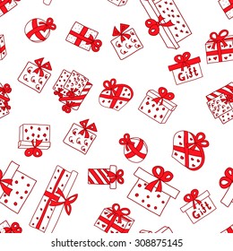 Seamless pattern boxes for Christmas red gifts, vector illustration, doodle, the background New Year