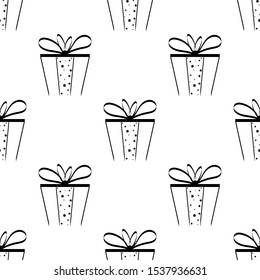 Seamless pattern from boxes with gifts and bows. Background in vector.