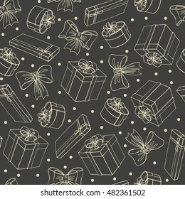 Seamless pattern from boxes with gifts and bows.Background in vector.