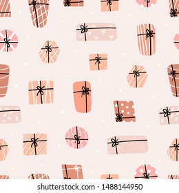 Seamless pattern of boxes with gifts.  Festive background. Suitable for printing on fabric, textiles, packing paper, clothing.