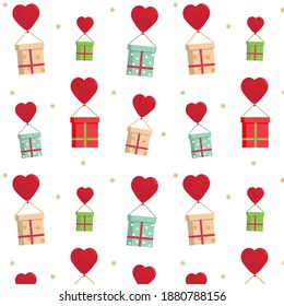 Seamless pattern. Boxes with gifts flying under a balloon in the form of a red heart. Valentine's day, birthday. Vector illustration. Repeating texture for surface design, fabrics, wrapping paper