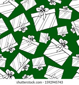 Seamless pattern. Boxes with gifts on a green background. Doodle style. Vector. Decor element for wallpaper, fabric, covers, wrapping paper.