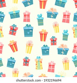 seamless pattern with boxes for gifts , presents seamless pattern, different boxes with ribbons. 