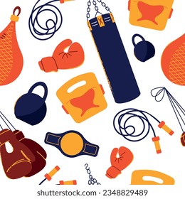Seamless pattern boxing equipment, sport, fight, competition concept. Boxer, Belt, Punch Bags, Red Gloves, Helmet, Jump Rope. Vector flat illustration design elements isolated on background