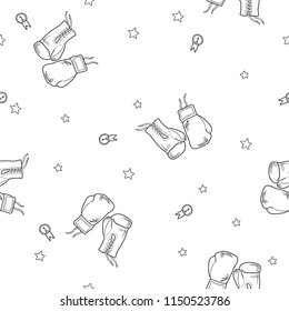 Seamless pattern Boxing Gloves doodles hand drawn Line icons with stars on white Background.printing wallpaper.vector illustration
