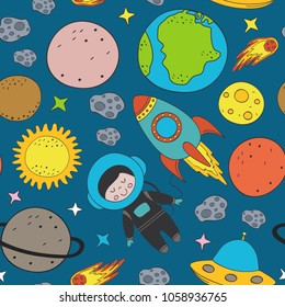 seamless pattern with boy astronaut in space - vector illustration, eps