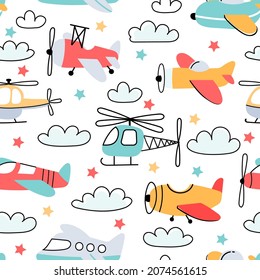 Seamless Pattern For Boy With Cartoon Kids Airplane And Helicopter. Nursery Wallpaper With Fly Planes And Clouds. Air Transport Vector Print. Vehicles For Transportation In Sky, Adventure