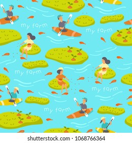 Seamless Pattern : Boy and Girl Canoeing and Feeding Fish : Vector Illustration