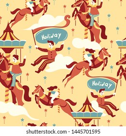 Seamless Pattern : Boy and girl in carnival /amusement park concept with magical elements : Vector Illustration