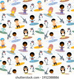 Seamless pattern boy and girl. Cartoon children, surfing with gray dolphins swim on surfboards in the ocean, isolated on white background. Can be used for Gift wrap, fabrics, wallpapers. Vector
