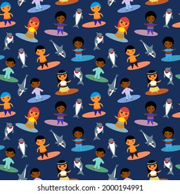 Un chico y una chica sin foco. Niños de dibujos animados, surfeando con delfines grises nadando en tablas de surf en el océano, en un fondo índigo azul marino. Se pueden utilizar para envolturas de regalo, tejidos y papel pintado. Vector