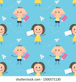 Seamless pattern boy and girl hold a book and pencil.