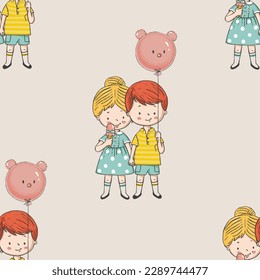 Seamless pattern with Boy and girl holding hands .Cute cartoon hand drawn vector illustration.