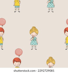 Seamless pattern with Boy and girl holding hands .Cute cartoon hand drawn vector illustration.