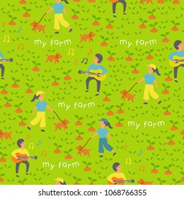 Seamless Pattern : Boy and Girl Playing guitar and walking dog on Green Grass Background  : Vector Illustration