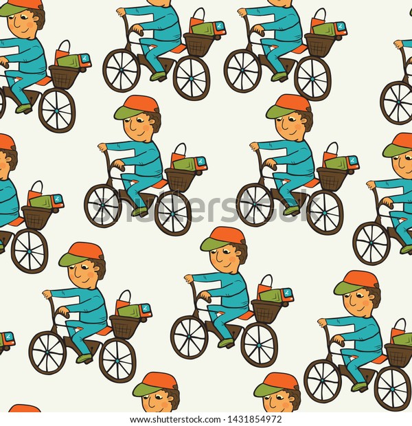 Seamless pattern. The boy on the bike. Cartoon\
style, color pictures. Vector illustration. For background, package\
design, children\'s\
style.