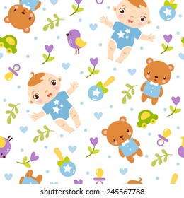Seamless pattern with boy, rattle, car, teddy bear. Baby shower invitation card.