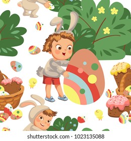 Seamless pattern boy smile hunting decorative chocolate egg under brush in easter bunny costume with ears and tail, vector illustration, spring holiday fun, isolated on white, paschal basket for eggs