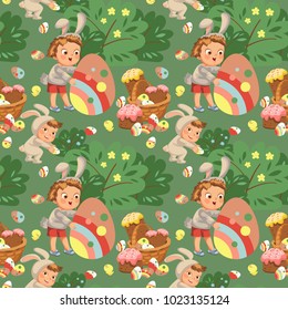 Seamless pattern boy smile hunting decorative chocolate egg under brush in easter bunny costume with ears and tail, vector illustration, spring holiday fun, isolated on white, paschal basket for eggs