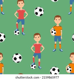 Seamless pattern with boy soccer player and soccer ball on green. Sports background. Football vector illustration. Cartoon flat style.