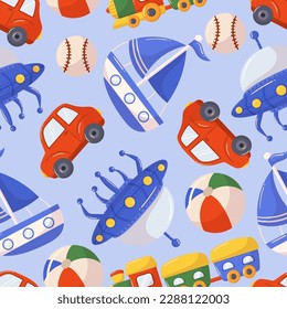 Seamless Pattern with Boy Toys Such As Cars, Ufo Saucer, Train and Ball In Red and Blue Colors. The Design Is Ideal For Children's Clothing, Accessories, Or Room Decor. Cartoon Vector Illustration