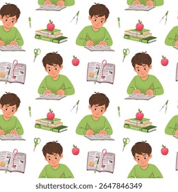 Seamless Pattern with Boy Writing in Notebook and Books. Education and Study Design for Textile Printing, Wallpaper, Wrapping Paper and Stationery. Perfect for Back to School Collections