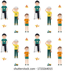 Seamless pattern with boys with bandaged and plastered legs and head. For medical staff textiles and packaging, for medical institutions.