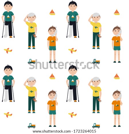 Seamless pattern with boys with bandaged and plastered legs and head. For medical staff textiles and packaging, for medical institutions.