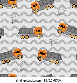 Seamless pattern for boys with big cars and stars on gray zigzag