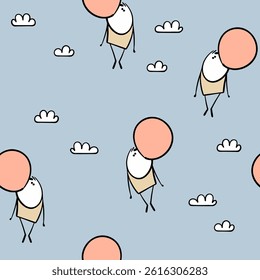 Seamless pattern boys bubble gum bubble flying in the sky. Vector illustration of a funny stickman among the clouds. Cartoon character isolated on white background.