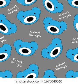 Seamless pattern for boys. Chaotic arrangement of bear head with text on gray background.