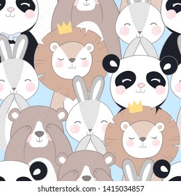 Seamless pattern for boys with cute animals: panda, bear, bunny, lion.