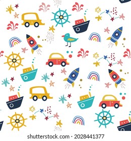 Seamless pattern of the boys elements, cars,  ship, rocket