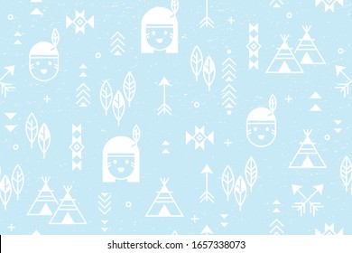 Seamless pattern of boys and girls American indian with arrows, Vector illustration in Thin line style.
Cute pattern for fabric, baby clothes, background, textile, wrapping paper and other