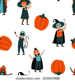 Seamless pattern of boys and girls in Halloween costumes. Cute kids carnival Halloween costumes of cat, sorcerer, vampire, pumpkin. Fabric design for Happy Halloween. Flat vector illustration.