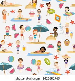 Seamless pattern. Boys and girls in summer clothes and swimsuits Beach relaxation and surfing. Vector illustration