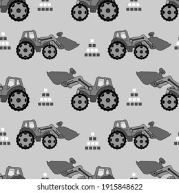 Seamless pattern for boys with gray tractor on gray background