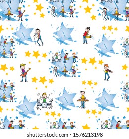 Seamless pattern boys playing music.