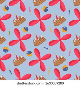 Seamless children’s pattern for boys. Red propeller and cake. Holiday candles and toy ball. Toys pattern. Vector illustration. Design textile and interior room for kids.