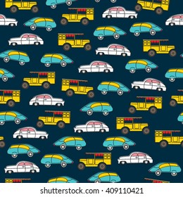 Seamless pattern for boys with retro toy cars. Vintage cars baby pattern. The flow of traffic