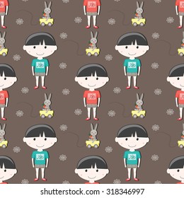 Seamless pattern with boys and toy rabbits . Seamless pattern with flowers and a baby on a dark background .