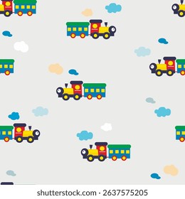 seamless pattern for boys train with carriage and clouds