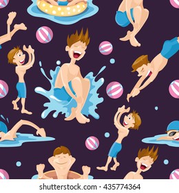 Seamless pattern with boys which play and swim in the pool. Vector illustrations isolate on dark background