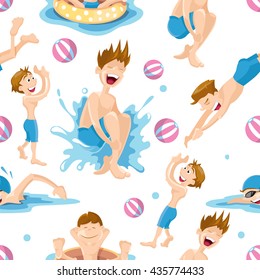Seamless pattern with boys wich play and swim in the pool. Vector illustrations isolate on white background