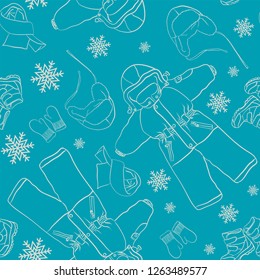 Seamless pattern. Boy's winter clothes on blue background.