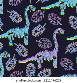 Seamless pattern with brachiosaurus dinosaur and tropical leaves. Neon background for textile, fabric, stationery, kids, clothes and other designs.