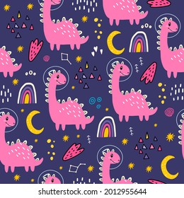 A seamless pattern with a brachiosaurus in space. Vector illustration with dinosaurs. Doodle style. Design of a children's room, clothes,fabrics, wallpapers, notebooks. 