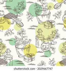 Seamless pattern with brahmi: brahmi flower, plant and leaves. Bacopa Monier. Indian pennywort. Oil, soap and bath salt . Cosmetics and medical plant. Vector hand drawn illustration