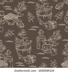 Patrón sin foco con brahmi: flor brahmi, planta y hojas. Bacopa Monier. Lluvia de pene india. Aceite, jabón y sal de baño. Cosméticos y plantas médicas. Ilustración dibujada a mano por el vector