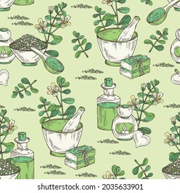 Nahtloses Muster mit Brahmi: Brahmi Blume, Pflanze und Blätter. Bacopa Monier. Indischer Beifuß. Öl, Seife und Badesalz. Kosmetika und medizinische Anlagen. handgezeichnete Vektorgrafik